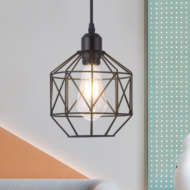 Industrial Style Prism Cage Iron Pendant Light - 1 Head Black Dining Room Down Lighting