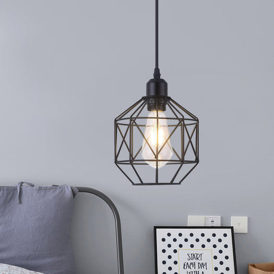 Industrial Style Prism Cage Iron Pendant Light - 1 Head Black Dining Room Down Lighting