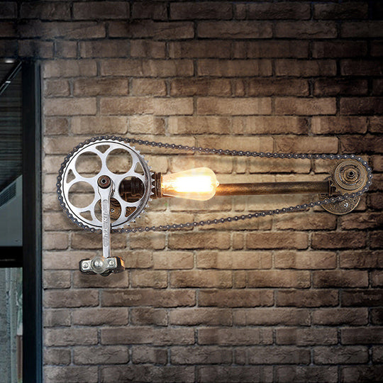 Iron Gear Bike Wall Lamp - 1 Light Restaurant Mounted In Bronze With Pipe Arm