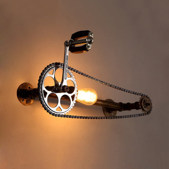 Iron Gear Bike Wall Lamp - 1 Light Restaurant Mounted In Bronze With Pipe Arm