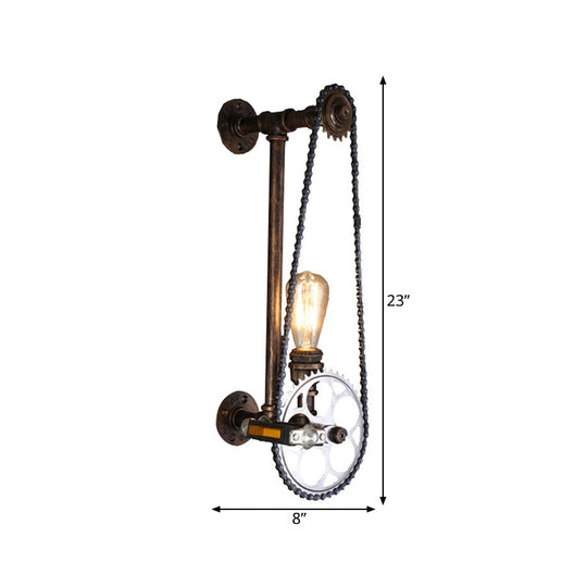 Iron Gear Bike Wall Lamp - 1 Light Restaurant Mounted In Bronze With Pipe Arm