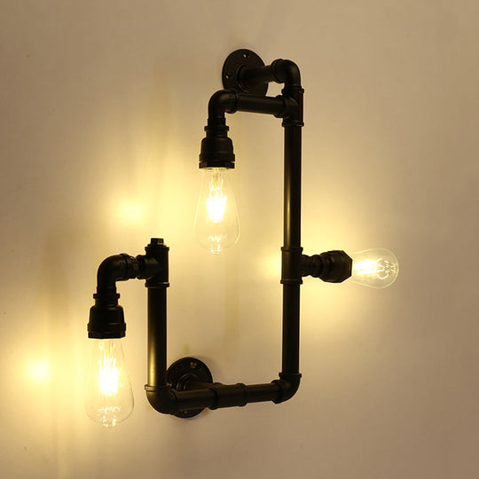 Industrial Twisted Pipe Wall Sconce - 3-Head Iron Mounted Light Fixture In Black Ideal For