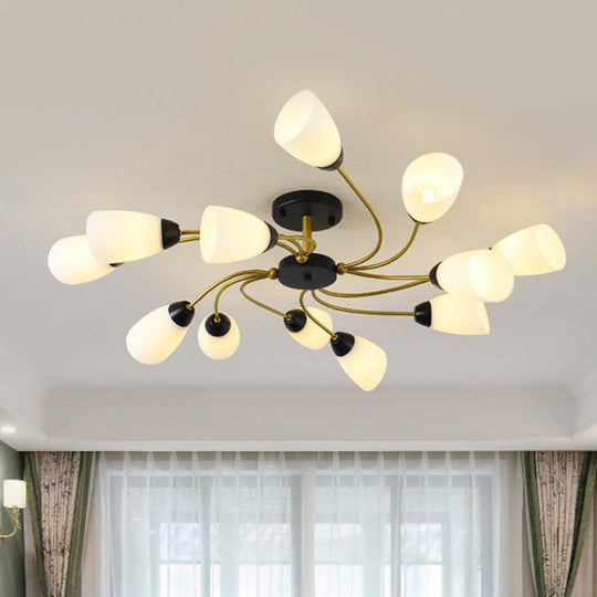 Iron Black/Gold Ceiling Spiral Semi Flush Mount Light with Tapered White Glass Shade - 9/12-Head Traditional Fixture