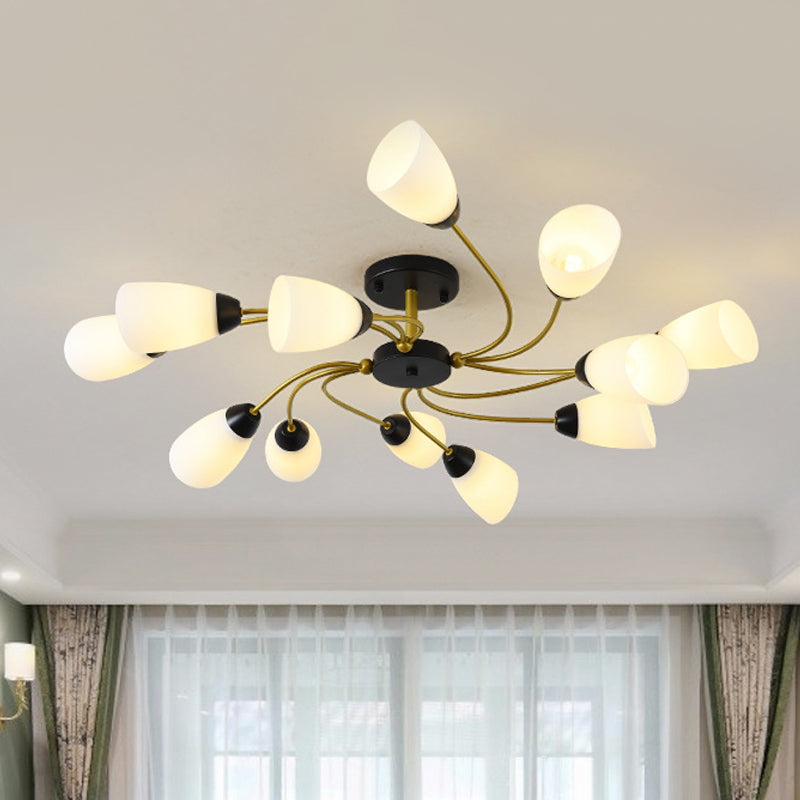 Iron Black/Gold Ceiling Spiral Semi Flush Mount Light With Tapered White Glass Shade - 9/12-Head