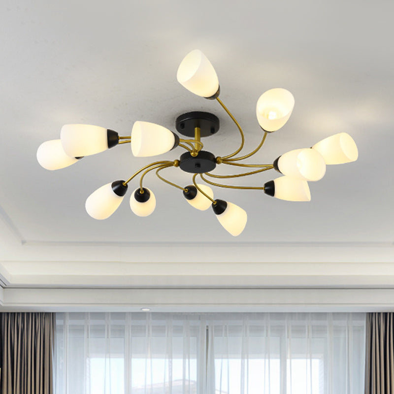 Iron Black/Gold Ceiling Spiral Semi Flush Mount Light With Tapered White Glass Shade - 9/12-Head