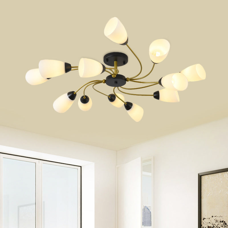 Iron Black/Gold Ceiling Spiral Semi Flush Mount Light with Tapered White Glass Shade - 9/12-Head Traditional Fixture