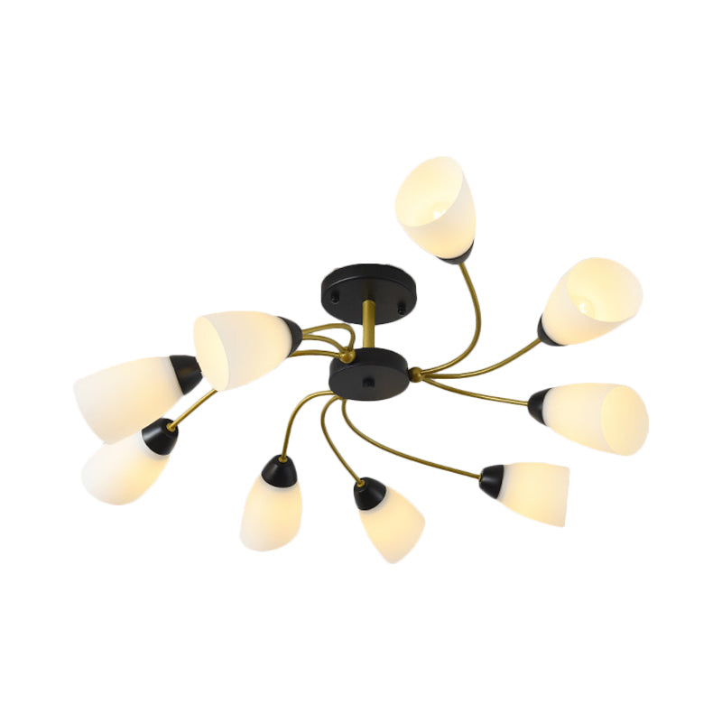 Iron Black/Gold Ceiling Spiral Semi Flush Mount Light with Tapered White Glass Shade - 9/12-Head Traditional Fixture