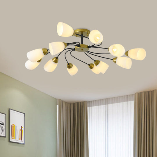 Iron Black/Gold Ceiling Spiral Semi Flush Mount Light with Tapered White Glass Shade - 9/12-Head Traditional Fixture