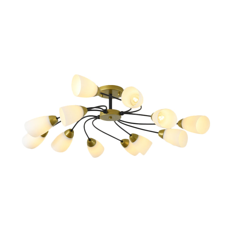 Iron Black/Gold Ceiling Spiral Semi Flush Mount Light With Tapered White Glass Shade - 9/12-Head