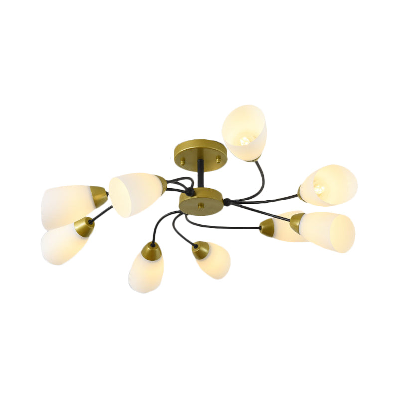 Iron Black/Gold Ceiling Spiral Semi Flush Mount Light with Tapered White Glass Shade - 9/12-Head Traditional Fixture