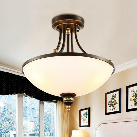 Contemporary Dome Ceiling Lamp with 3 Lights, Opal Glass Semi Flush Mount Fixture for Bedroom - Black