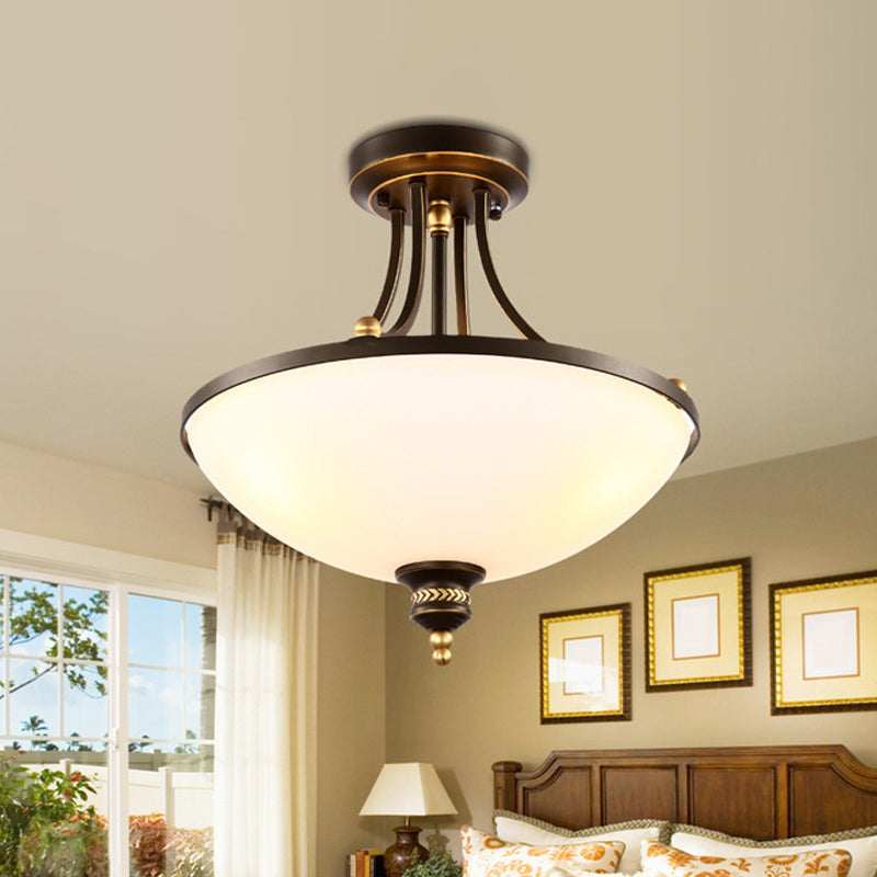 Contemporary Dome Ceiling Lamp with 3 Lights, Opal Glass Semi Flush Mount Fixture for Bedroom - Black