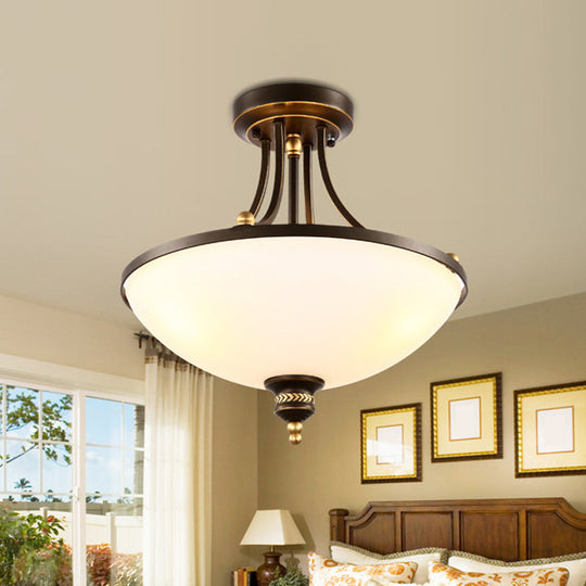 Contemporary Dome Ceiling Lamp with 3 Lights, Opal Glass Semi Flush Mount Fixture for Bedroom - Black