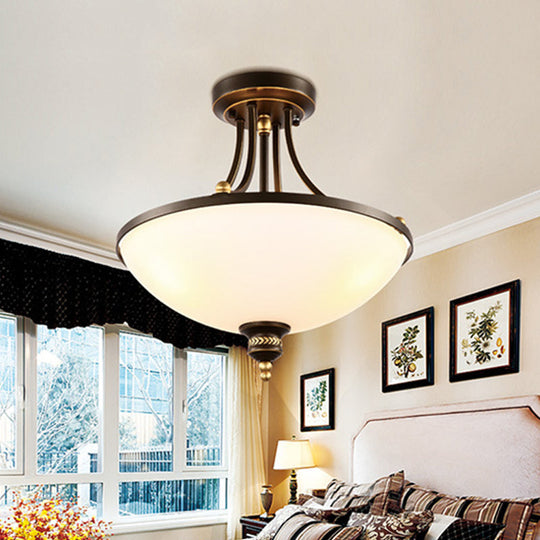 Contemporary Dome Ceiling Lamp with 3 Lights, Opal Glass Semi Flush Mount Fixture for Bedroom - Black