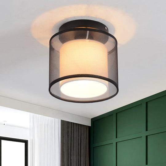 Industrial Dual-Layer Black Fabric Ceiling Light Fixture - Flush Mount Cylinder Design