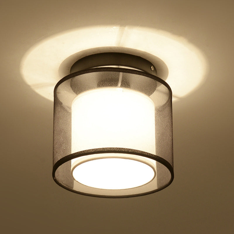 Industrial Dual-Layer Black Fabric Ceiling Light Fixture - Flush Mount Cylinder Design