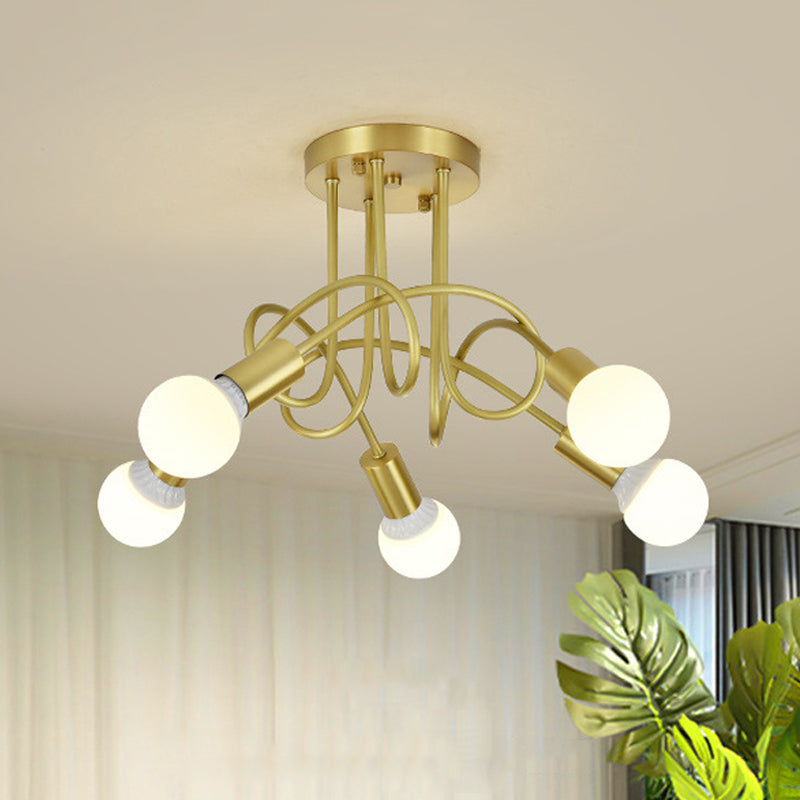 Colonial Sputnik Semi Flush Mount Ceiling Light in Gold with Opal Glass Shade - 3/4/5-Light Metal Fixture