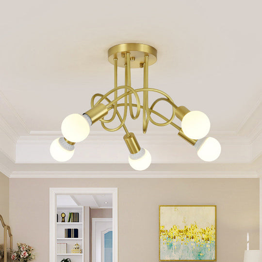 Colonial Sputnik Semi Flush Mount Ceiling Light in Gold with Opal Glass Shade - 3/4/5-Light Metal Fixture