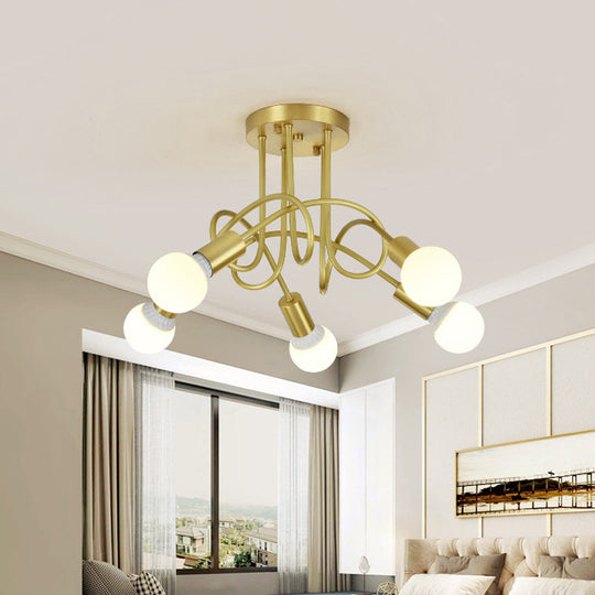 Colonial Sputnik Semi Flush Mount Ceiling Light in Gold with Opal Glass Shade - 3/4/5-Light Metal Fixture