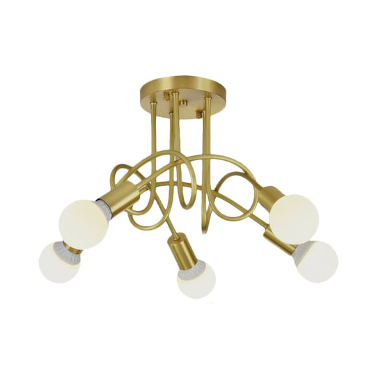 Colonial Sputnik Semi Flush Mount Ceiling Light in Gold with Opal Glass Shade - 3/4/5-Light Metal Fixture