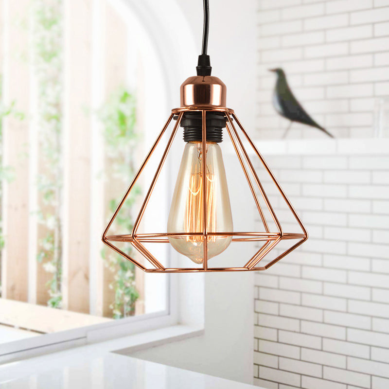 Rose Gold Diamond Cage Industrial Pendant Lamp - Iron Suspension Light 1-Bulb Ceiling Fixture