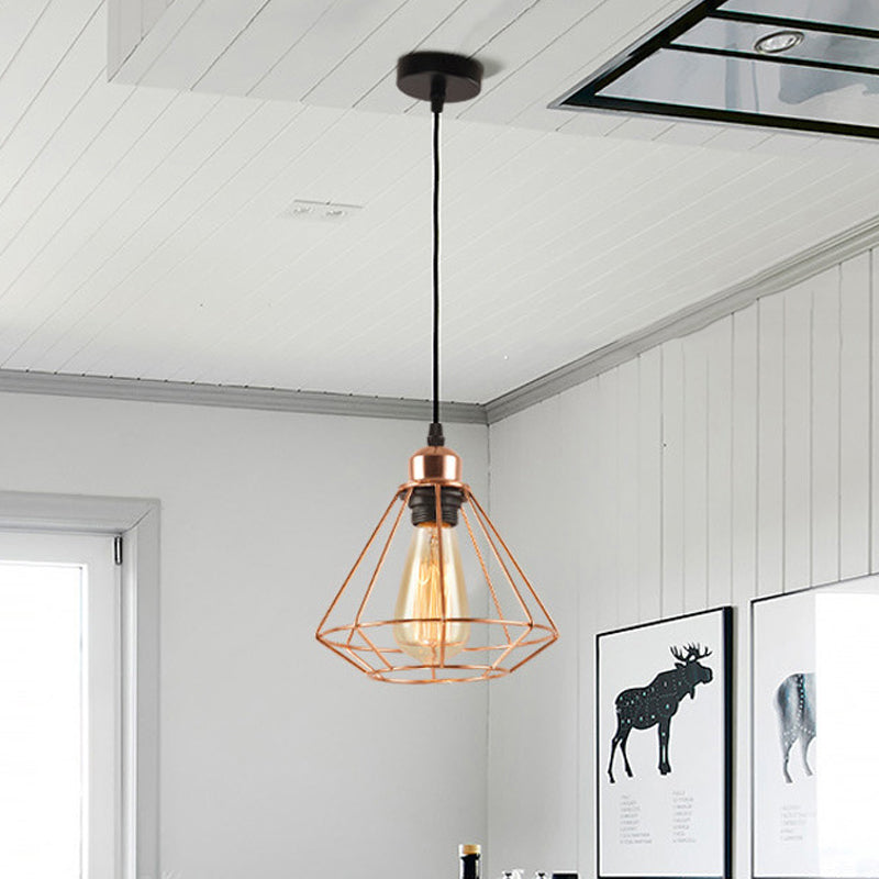 Rose Gold Iron Diamond Cage Pendant Lamp - Industrial Ceiling Light with 1-Bulb