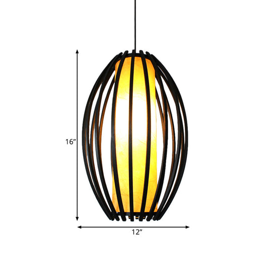 1-Light Traditional Oval Bamboo Cage Hanging Light Kit With Black Finish And Tube Shade