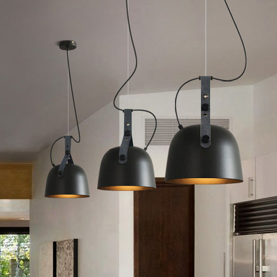 Iron Bowled Pendant Lamp: Warehouse Style Ceiling Light For Living Room With Leather Strap -