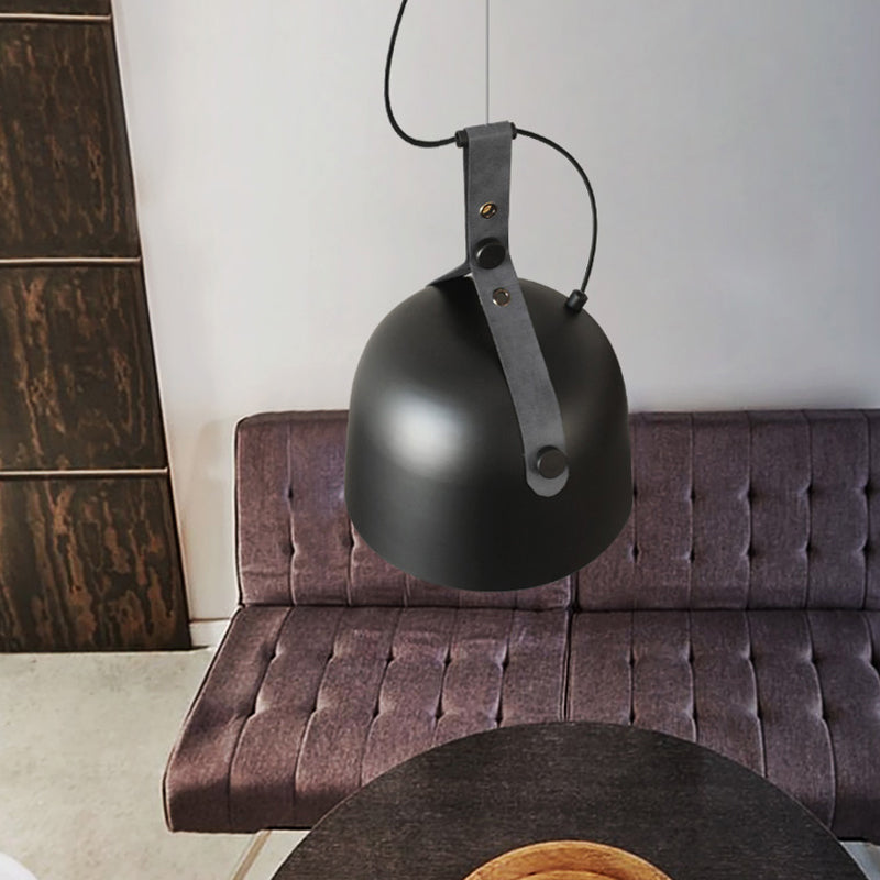 Iron Bowled Pendant Lamp: 1-Bulb Ceiling Light in Black/Copper/Silver with Leather Strap