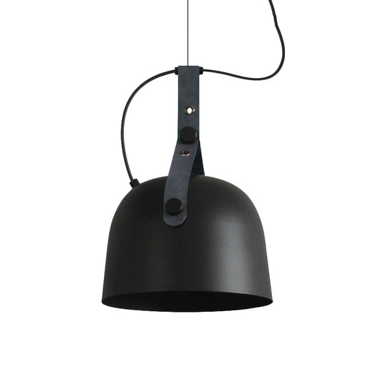 Iron Bowled Pendant Lamp: 1-Bulb Ceiling Light in Black/Copper/Silver with Leather Strap