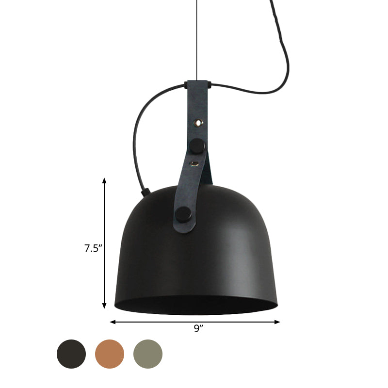 Iron Bowled Pendant Lamp: 1-Bulb Ceiling Light in Black/Copper/Silver with Leather Strap