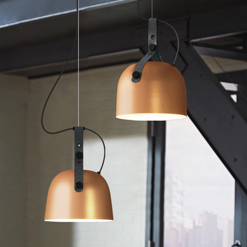 Iron Bowled Pendant Lamp: 1-Bulb Ceiling Light in Black/Copper/Silver with Leather Strap