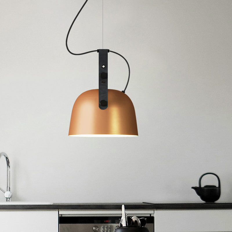 Iron Bowled Pendant Lamp: Warehouse Style Ceiling Light For Living Room With Leather Strap -