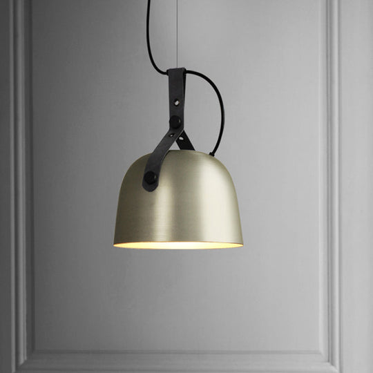 Iron Bowled Pendant Lamp: 1-Bulb Ceiling Light in Black/Copper/Silver with Leather Strap