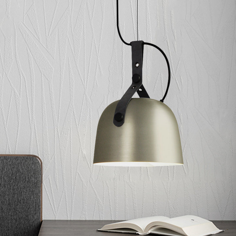 Iron Bowled Pendant Lamp: 1-Bulb Ceiling Light in Black/Copper/Silver with Leather Strap