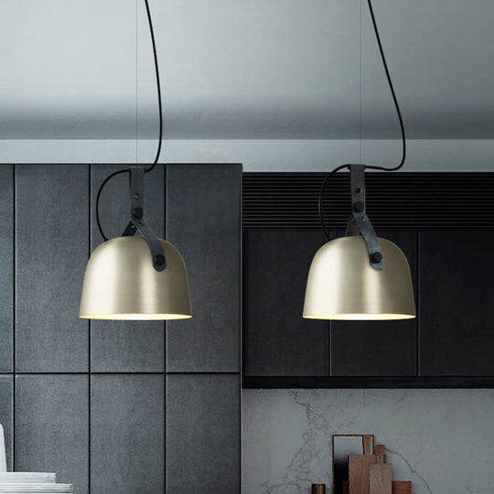 Iron Bowled Pendant Lamp: 1-Bulb Ceiling Light in Black/Copper/Silver with Leather Strap