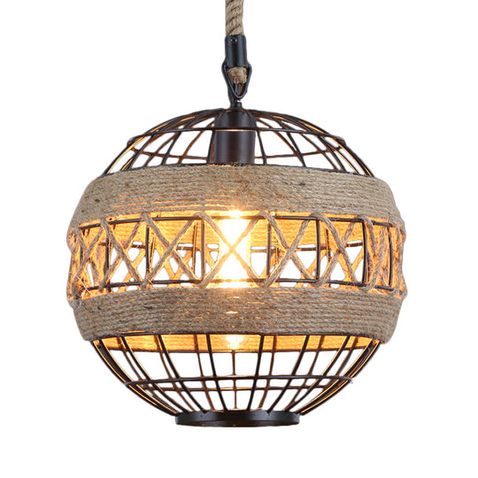 Spherical Rustic Natural Rope Bistro Ceiling Lamp - 1 Head 12/16 Wide Black Hanging Pendant Light