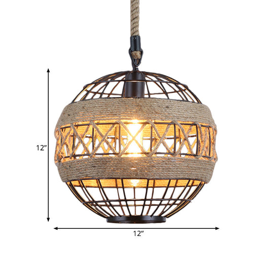 Spherical Rustic Natural Rope Bistro Ceiling Lamp - 1 Head 12/16 Wide Black Hanging Pendant Light