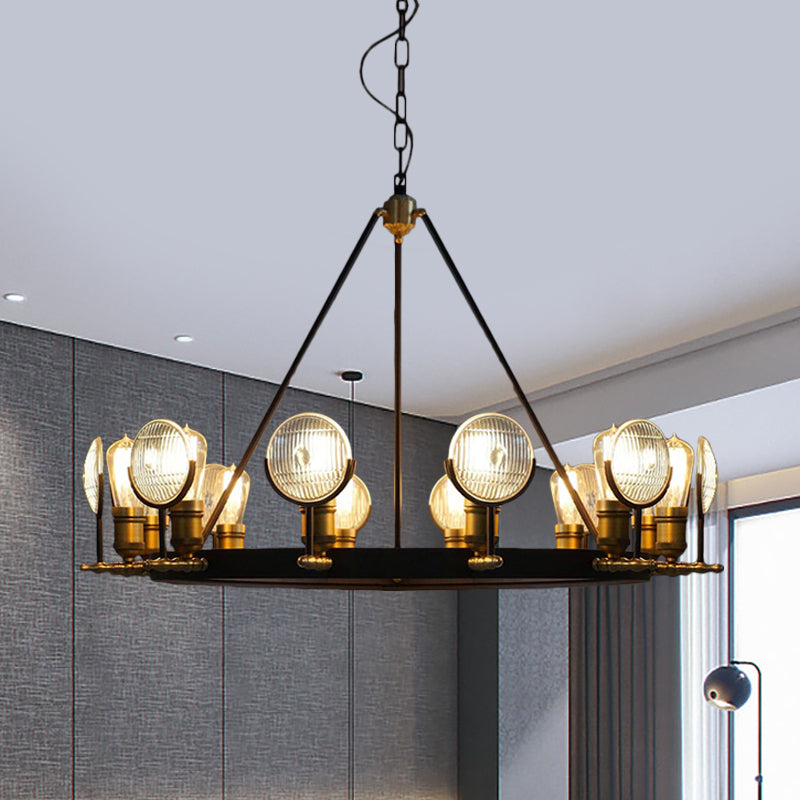 Vintage Black Grid Glass Lens Chandelier Lamp - 6/9/12 Lights Hanging Light Kit for Restaurants