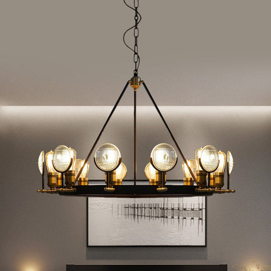 Vintage Black Grid Glass Lens Chandelier Lamp - 6/9/12 Lights Hanging Light Kit for Restaurants