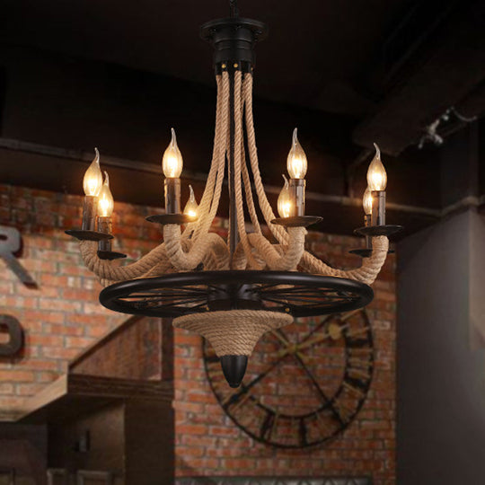 Farmhouse 8-Bulb Rope Candle Chandelier Pendant Light in Black with Wheel Design - Perfect for Restaurants