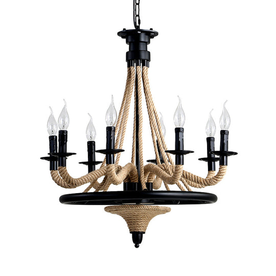 8-Bulb Black Pendant Chandelier With Rope And Wheel Design Ideal For Farmhouse Restaurant Decor