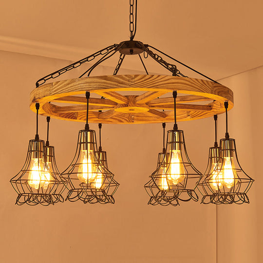 Suspension Wooden Wagon Wheel Chandelier - Rustic 6/8-Light Fixture with Wire Cage for Dining Hall Ceiling