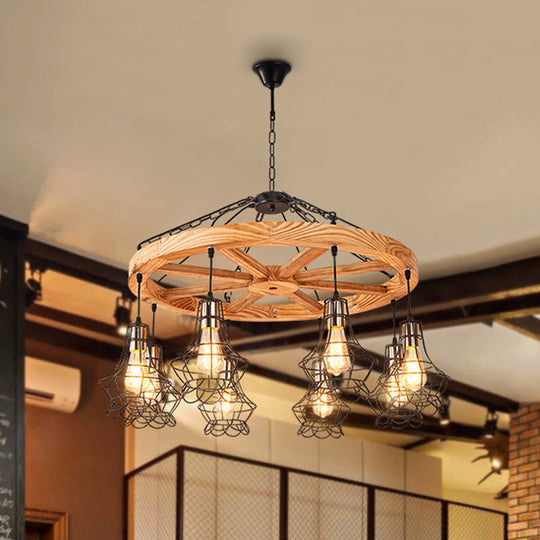 Suspension Wooden Wagon Wheel Chandelier - Rustic 6/8-Light Fixture with Wire Cage for Dining Hall Ceiling