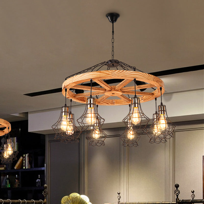 Suspension Wooden Wagon Wheel Chandelier - Rustic 6/8-Light Fixture with Wire Cage for Dining Hall Ceiling