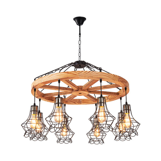 Suspension Wooden Wagon Wheel Chandelier - Rustic 6/8-Light Fixture with Wire Cage for Dining Hall Ceiling