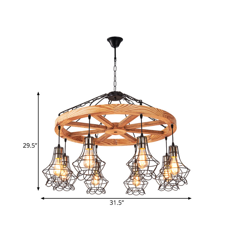 Suspension Wooden Wagon Wheel Chandelier - Rustic 6/8-Light Fixture with Wire Cage for Dining Hall Ceiling