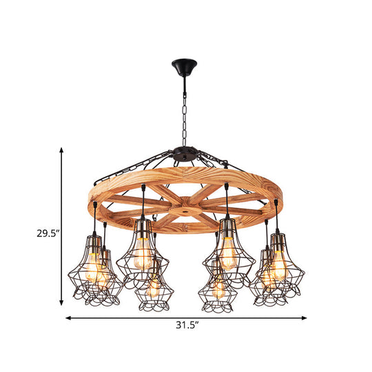 Suspension Wooden Wagon Wheel Chandelier - Rustic 6/8-Light Fixture with Wire Cage for Dining Hall Ceiling