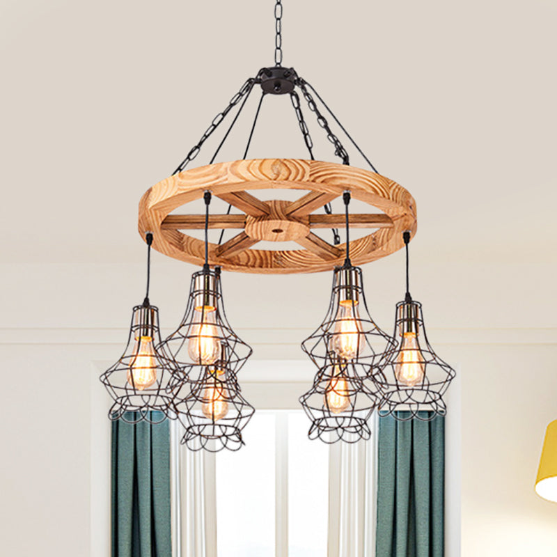 Suspension Wooden Wagon Wheel Chandelier - Rustic 6/8-Light Fixture with Wire Cage for Dining Hall Ceiling