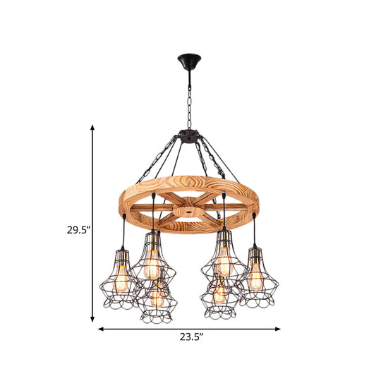 Wood Suspension Wagon Wheel Chandelier For Dining Hall - 6/8-Light Ceiling Fixture With Wire Cage